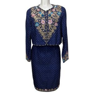 Vtg Couture 2 Piece Jacket & Skirt Set Women’s Size 6 Navy Fully Beaded Silk